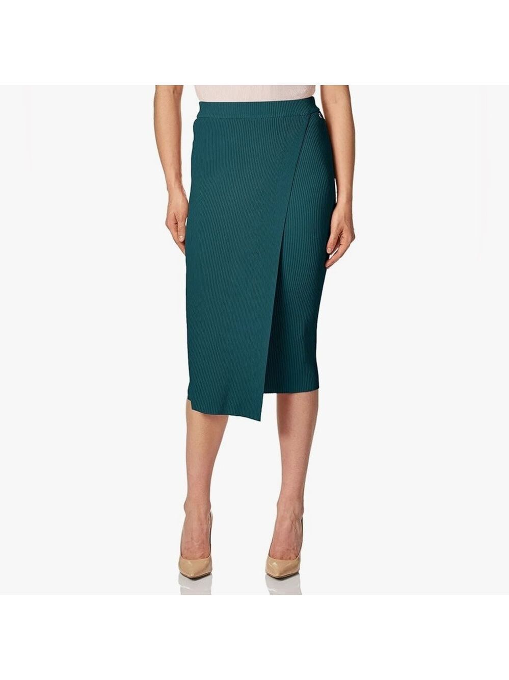 GUESS Yvette Sweater skirt XS rib knit wrap look teal stretchy